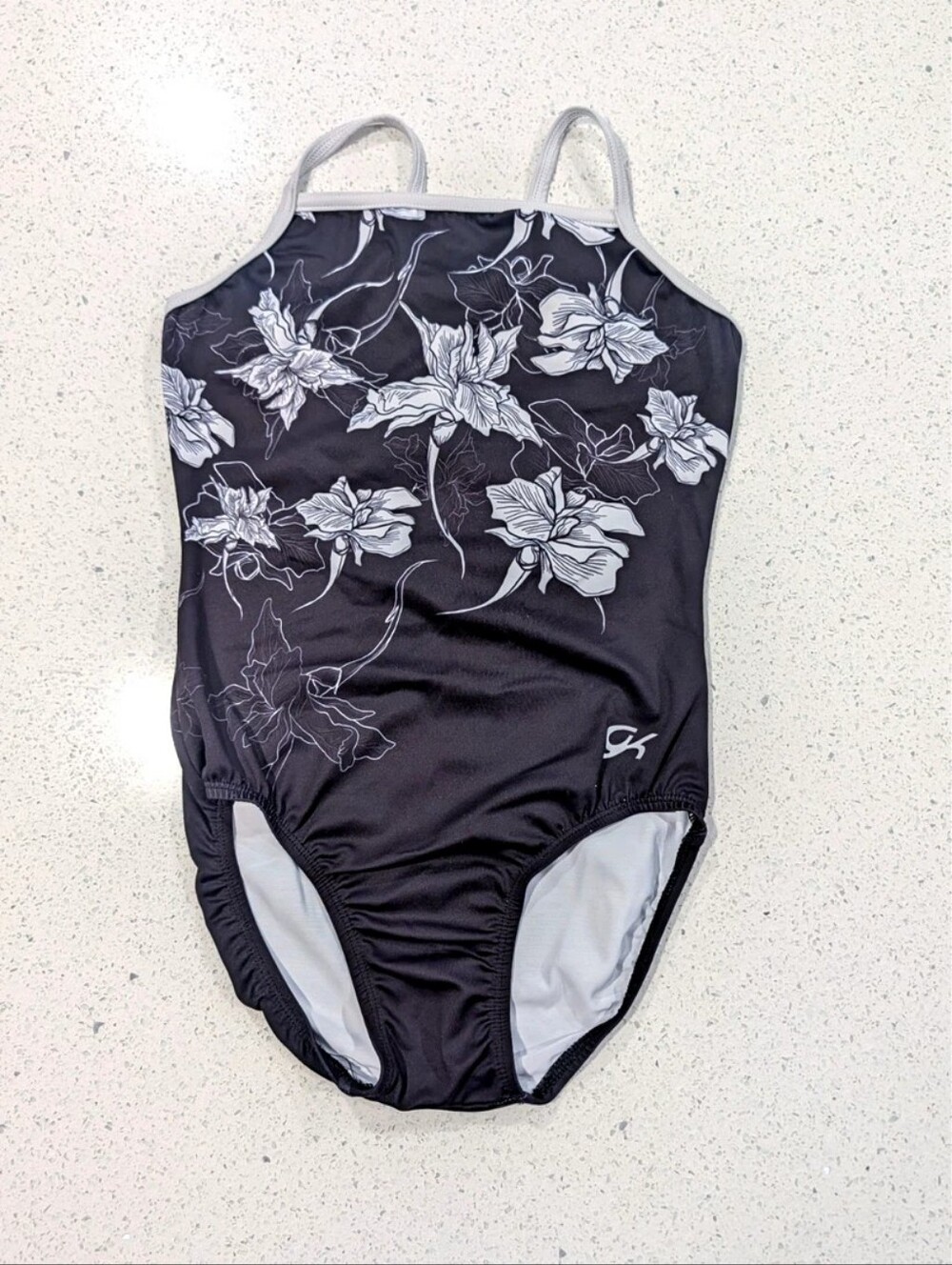 BEAUTIFUL GK ELITE Gymnastics Dance Leotard Small Black White FLORAL Mesh Back